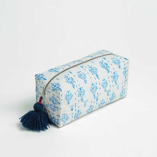 Blue Block printed utility kantha pouch, make up /cosmetic / toiletry bag