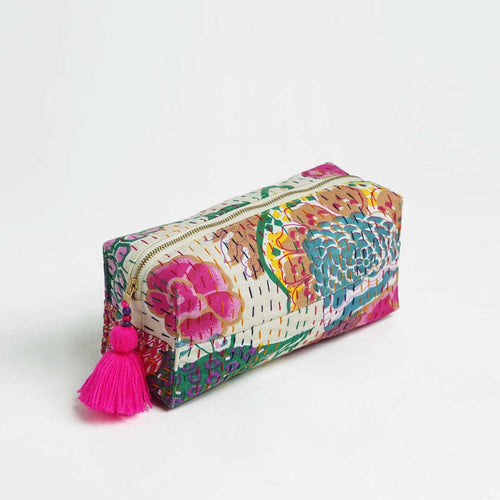 Off white printed utility kantha pouch, make up /cosmetic / toiletry bag