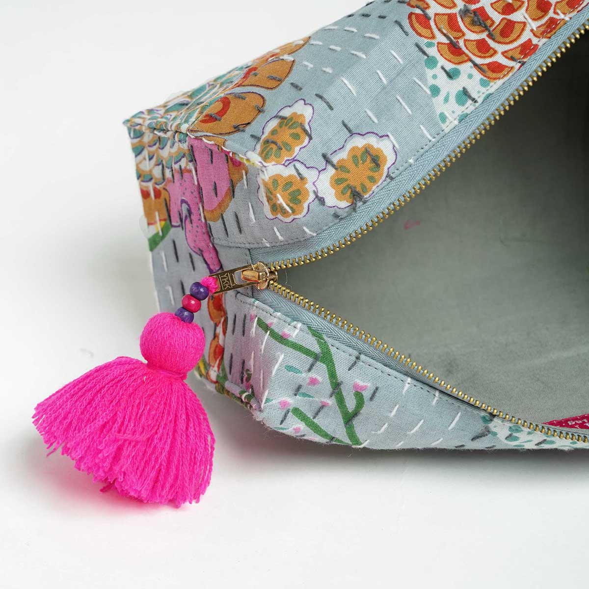 Grey printed utility kantha pouch, make up /cosmetic / toiletry bag