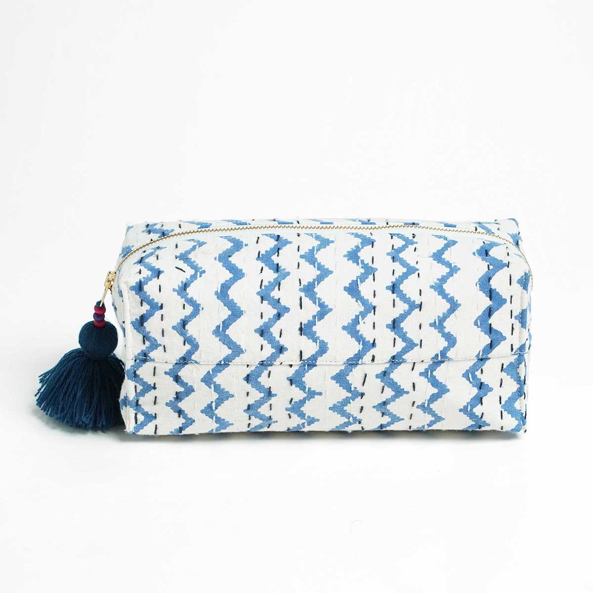 Blue Chevron print utility kantha pouch, make up /cosmetic / toiletry bag
