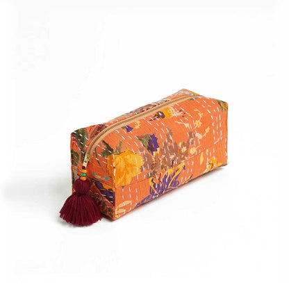 Orange printed utility kantha pouch, make up /cosmetic / toiletry bag