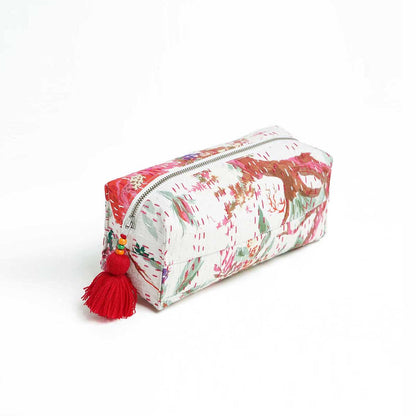 White printed utility kantha pouch, make up /cosmetic / toiletry bag
