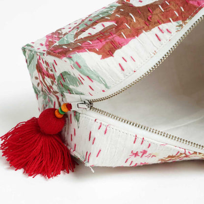White printed utility kantha pouch, make up /cosmetic / toiletry bag