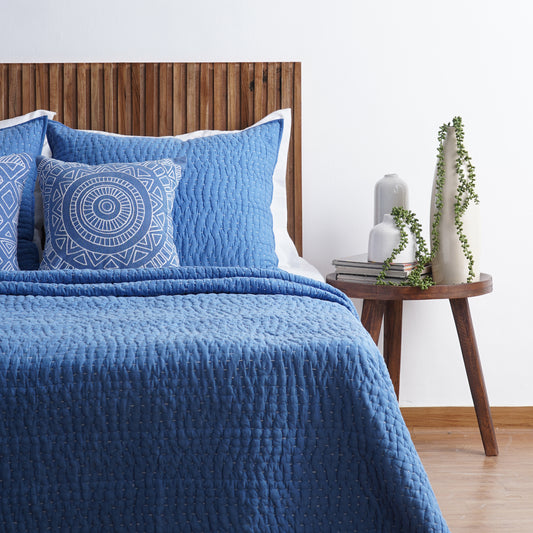 Denim Blue colour stonewashed kantha Quilted bed sets - 100% cotton, Sizes available