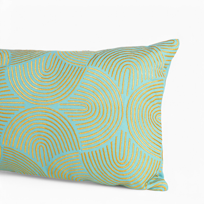 KASHIDAKAARI - Turquoise long lumbar cotton pillow cover with modern retro pattern embroidery, 12X30 inches, other sizes available