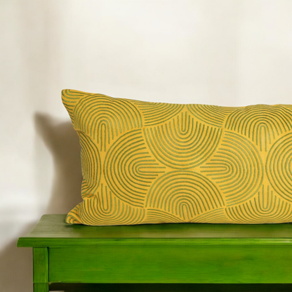 KASHIDAKAARI - Yellow long lumbar cotton pillow cover with modern retro pattern embroidery, 12X30 inches, other sizes available