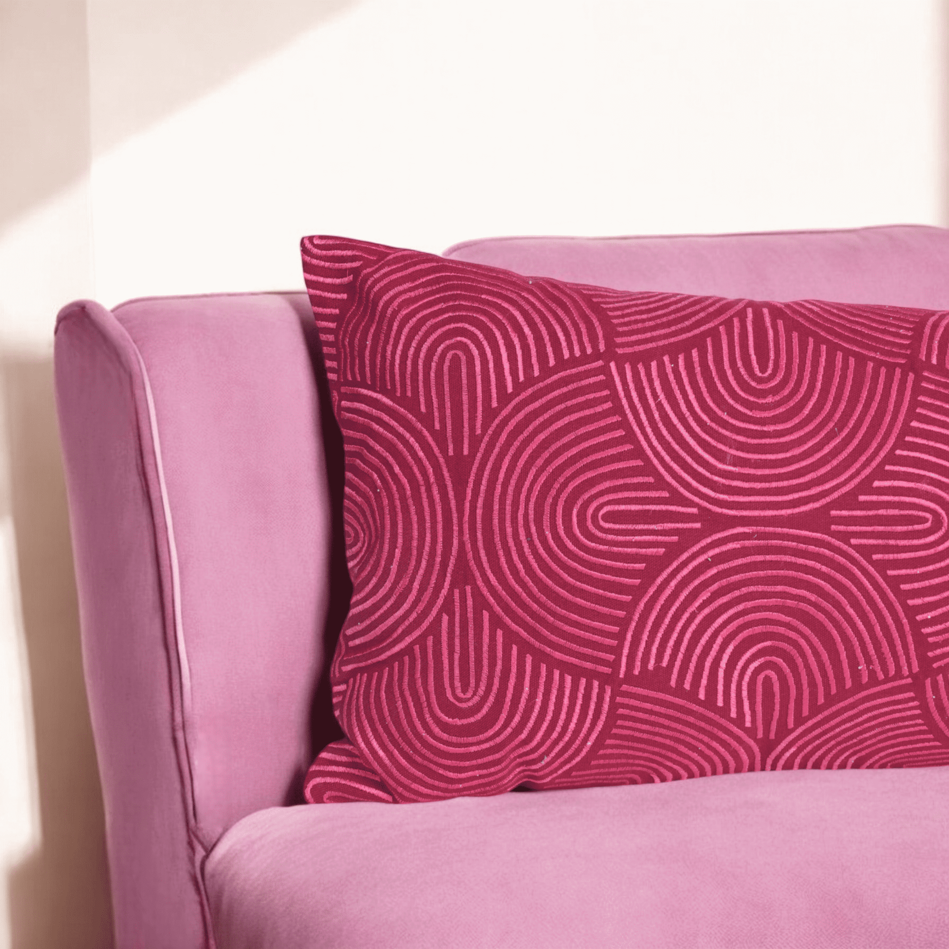 KASHIDAKAARI - Magenta long lumbar cotton pillow cover with modern retro pattern embroidery, 12X30 inches, other sizes available