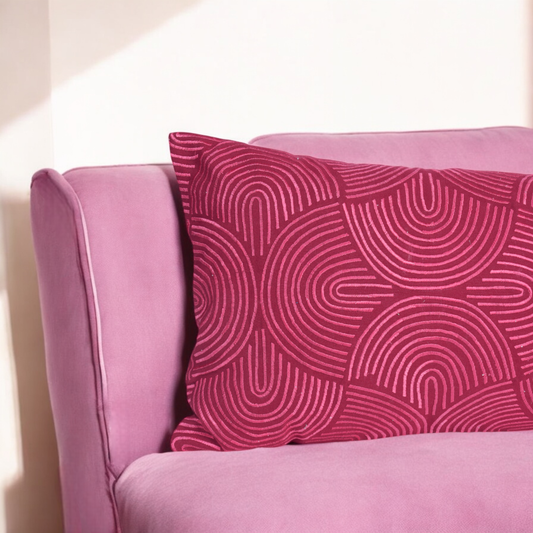 KASHIDAKAARI - Magenta long lumbar cotton pillow cover with modern retro pattern embroidery, 12X30 inches, other sizes available