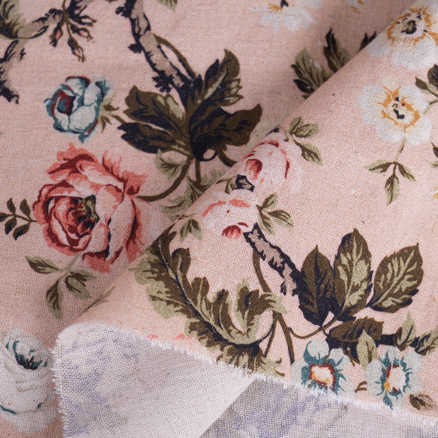 AMOUR - Blush Printed Linen Fabric, vintage rose pattern, by the metre