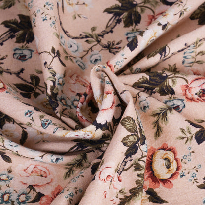 AMOUR - Blush Printed Linen Fabric, vintage rose pattern, by the metre