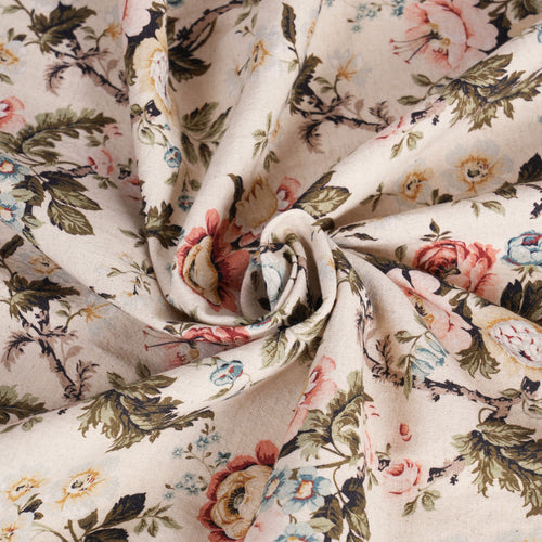 AMOUR - Beige Printed Linen Fabric, vintage rose pattern, by the metre