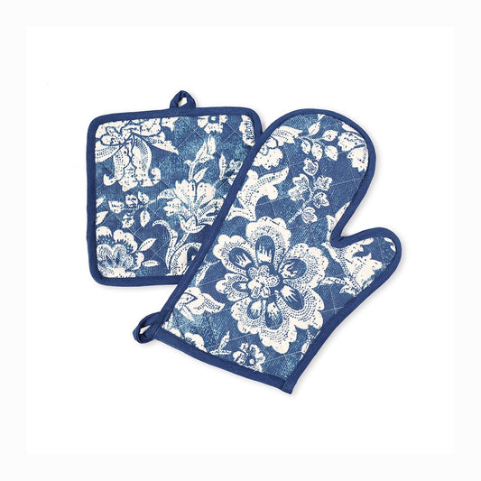 DOMINOTERIE Indigo Blue bold floral print Pot holder and Glove, kitchen accessory, 100% cotton, view options