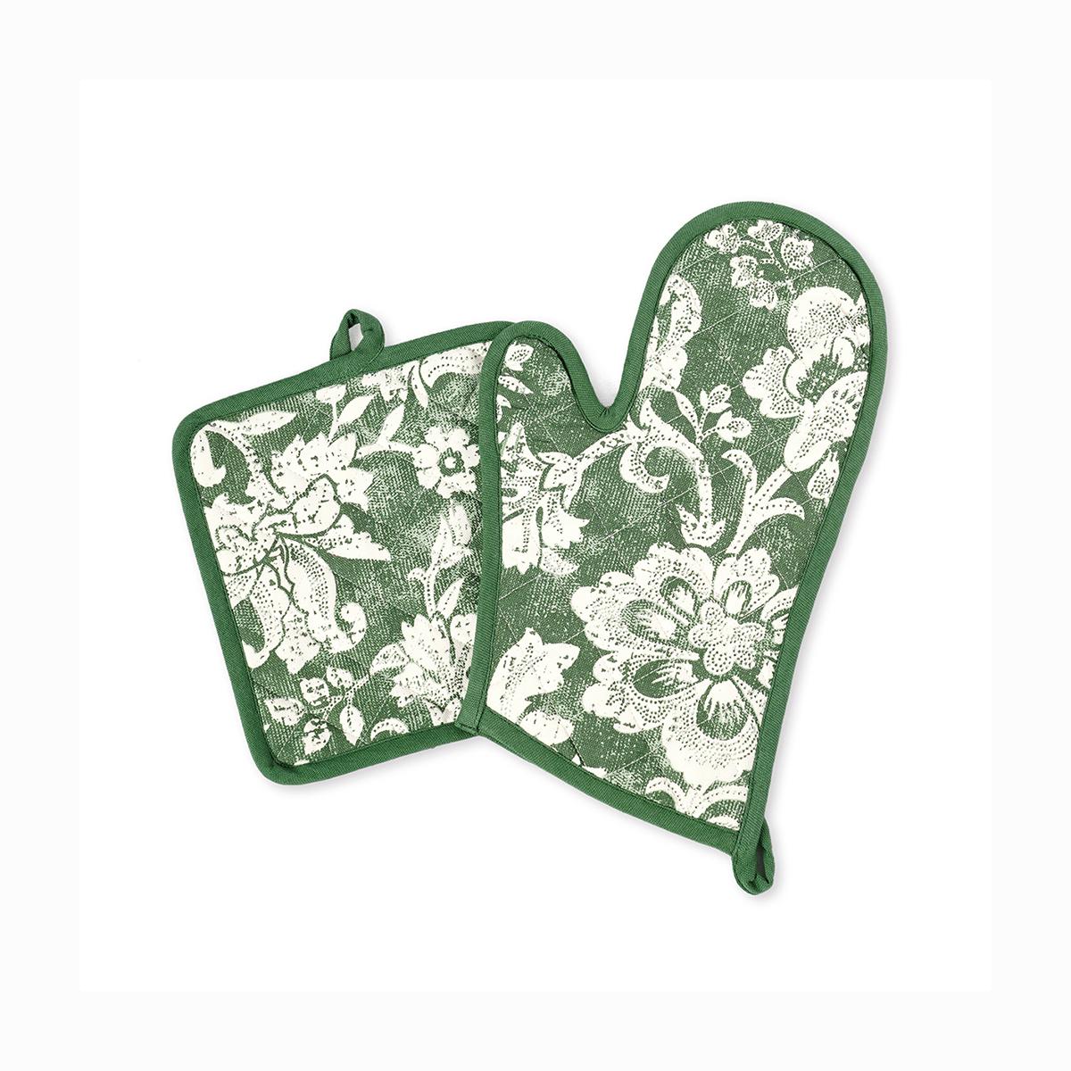 DOMINOTERIE Green bold floral print Pot holder and Glove, kitchen accessory, 100% cotton, view options
