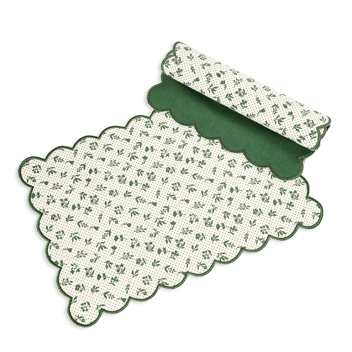 Green scalloped cotton Placemat with floral block print , 13X19 inches
