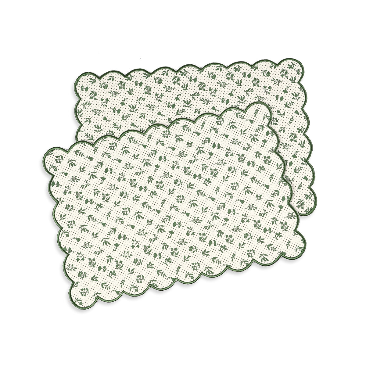 Green scalloped cotton Placemat with floral block print , 13X19 inches