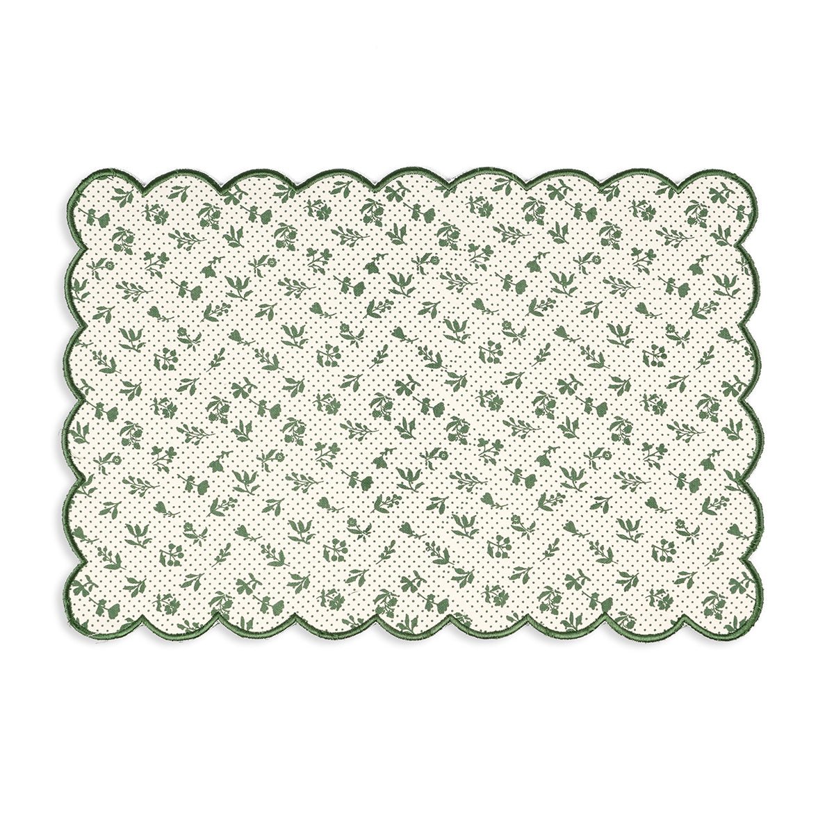 Green scalloped cotton Placemat with floral block print , 13X19 inches