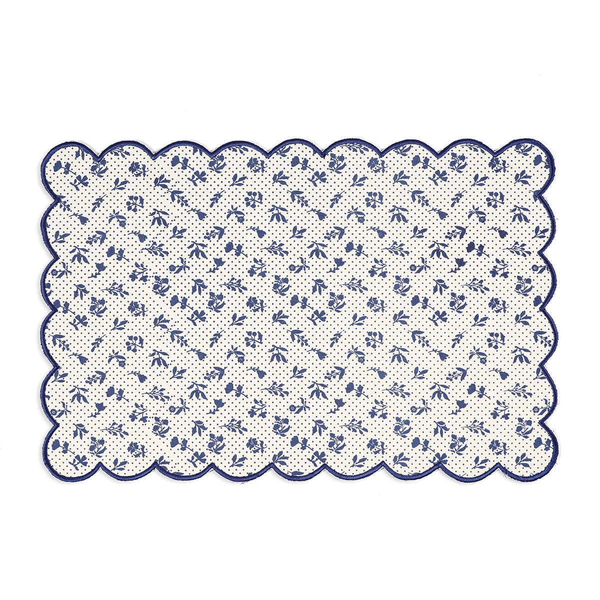 Indigo Blue scalloped cotton Placemat with floral block print , 13X19 inches