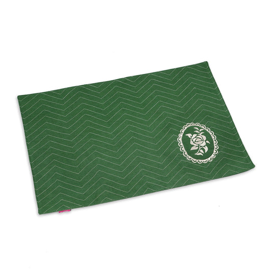 Green cotton Placemat with chevron and vintage rose motif embroidery, 13X19 inches
