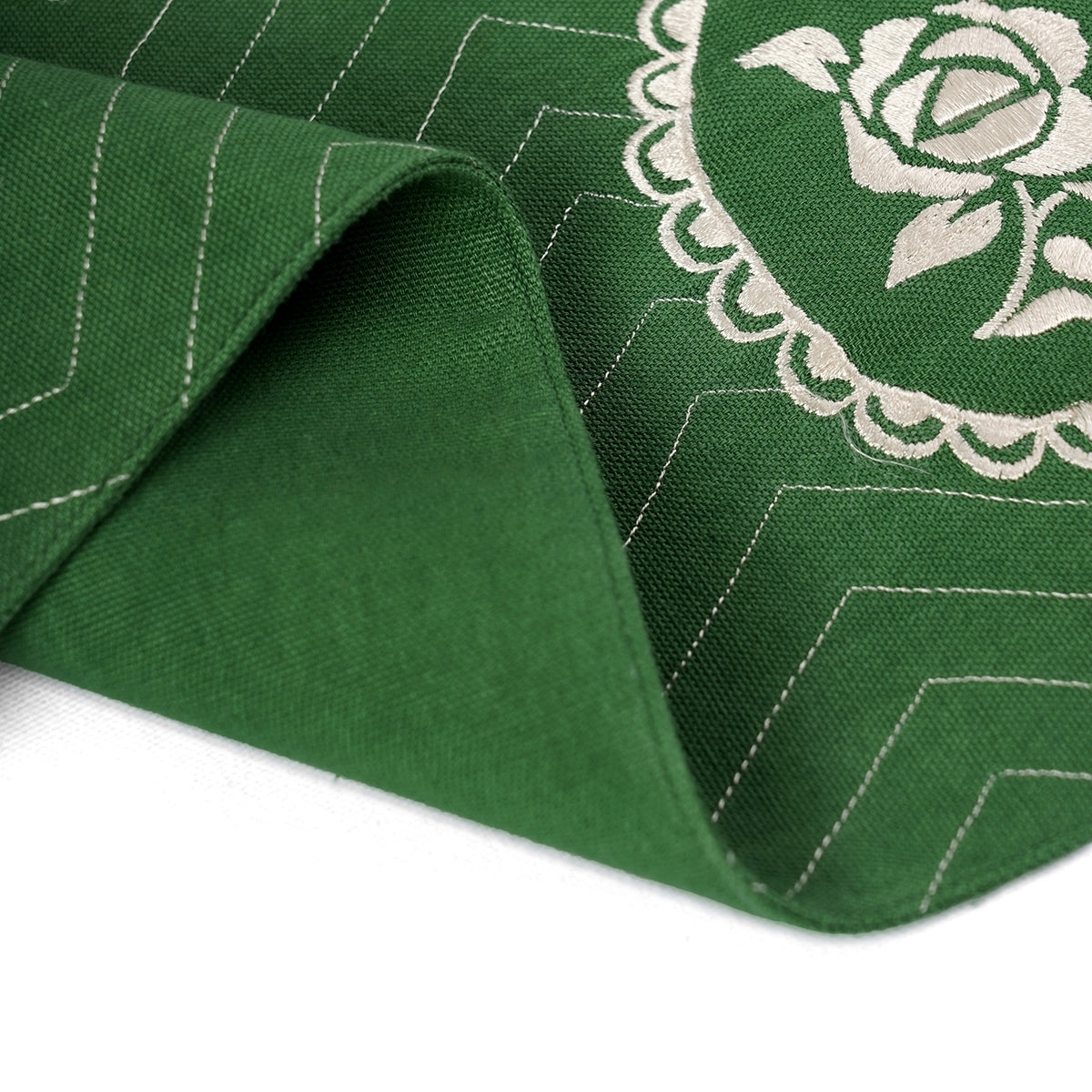 Green cotton Placemat with chevron and vintage rose motif embroidery, 13X19 inches
