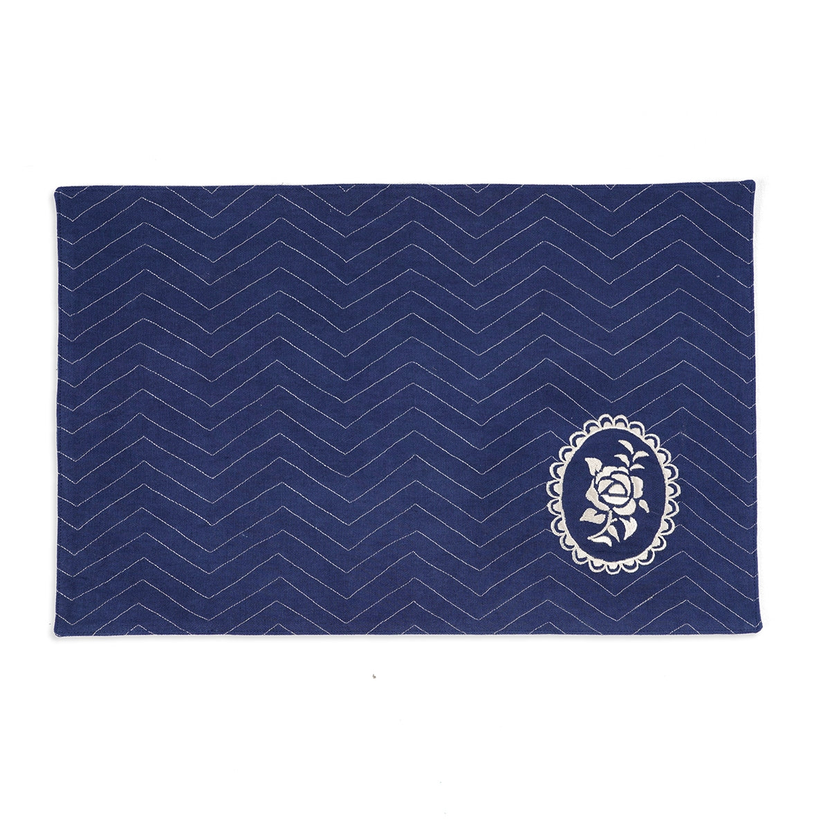 Indigo Blue cotton Placemat with chevron and vintage rose motif embroidery, 13X19 inches