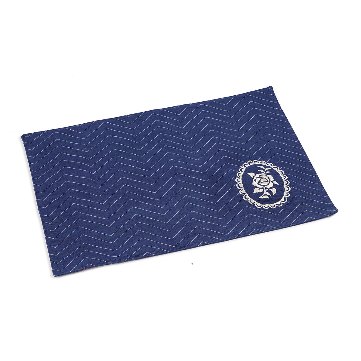 Indigo Blue cotton Placemat with chevron and vintage rose motif embroidery, 13X19 inches