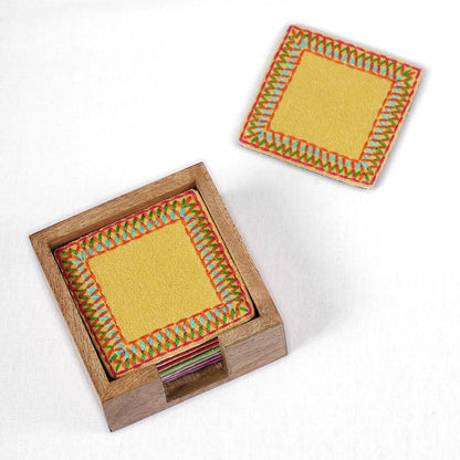 Pack of 8 Felt embroidered coasters with wooden coaster box