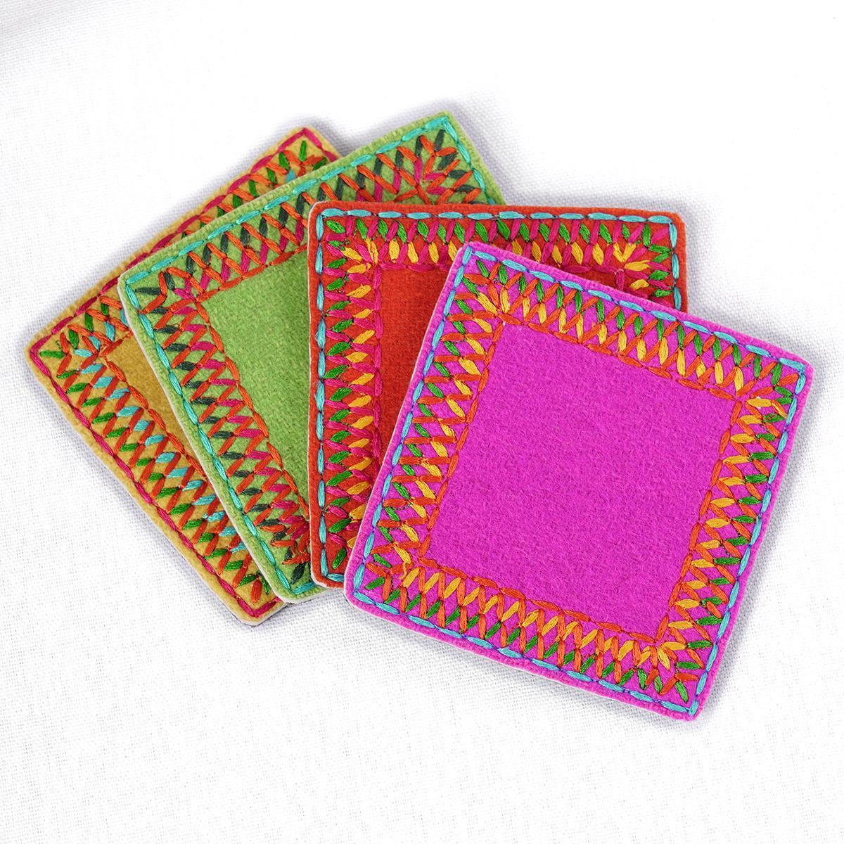 Pack of 8 Felt embroidered coasters with wooden coaster box