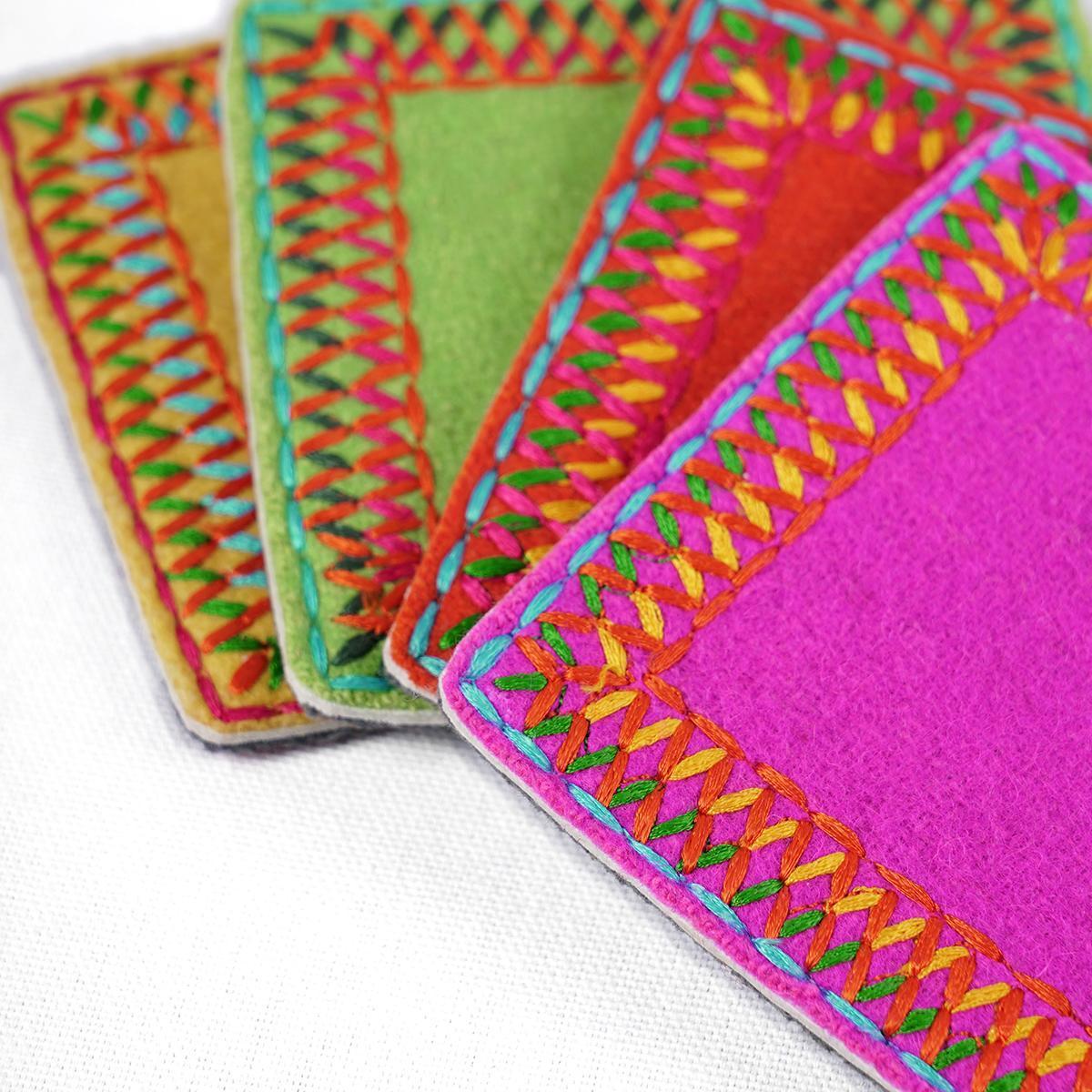 Pack of 8 Felt embroidered coasters with wooden coaster box