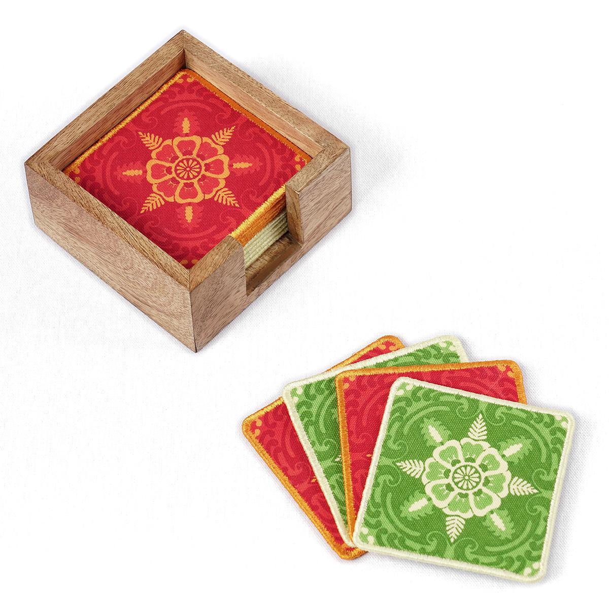 Pack of 8 cotton printed reversible coasters with wooden coaster box