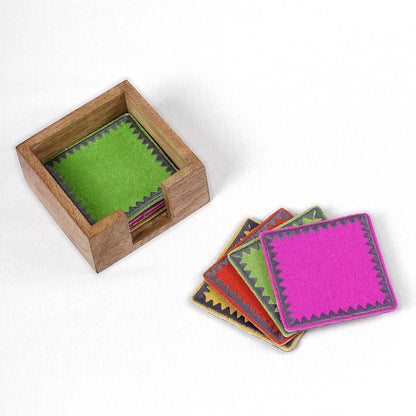 Pack of 8 Felt embroidered reversible coasters with wooden coaster box