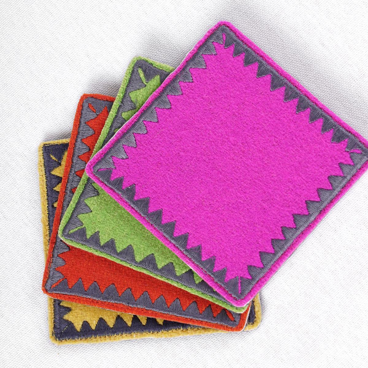 Pack of 8 Felt embroidered reversible coasters with wooden coaster box
