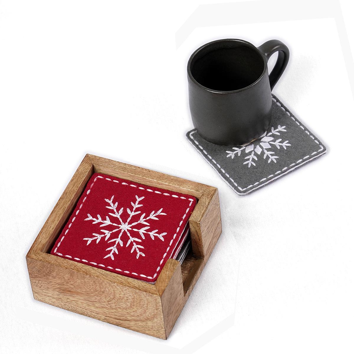 CHRISTMAS COASTER SET - Pack of 8 Felt embroidered coasters with wooden coaster box
