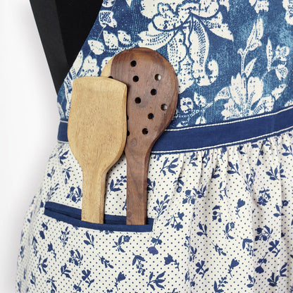 DOMINOTERIE - Indigo floral print apron, kitchen accessory, 100% cotton, size 27"X 35"