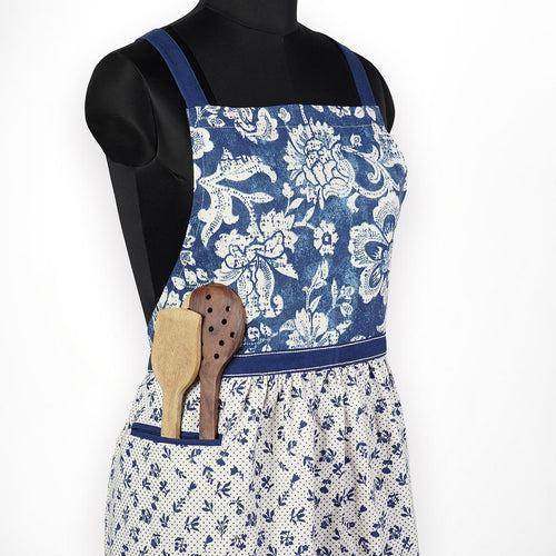 DOMINOTERIE - Indigo floral print apron, kitchen accessory, 100% cotton, size 27
