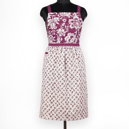 DOMINOTERIE - Plum floral print apron, kitchen accessory, 100% cotton, size 27"X 35"
