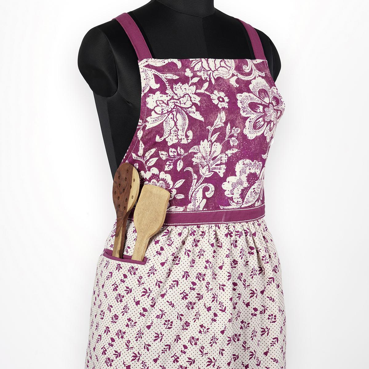DOMINOTERIE - Plum floral print apron, kitchen accessory, 100% cotton, size 27"X 35"