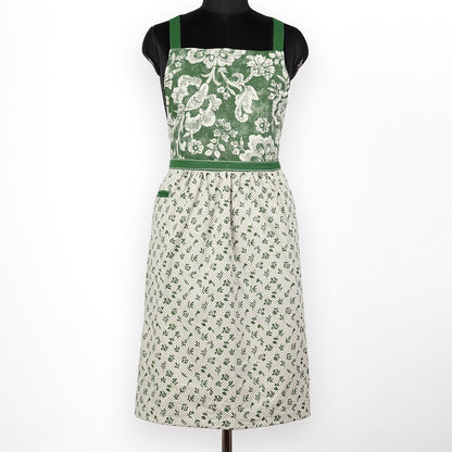 DOMINOTERIE - Green floral print apron, kitchen accessory, 100% cotton, size 27"X 35"