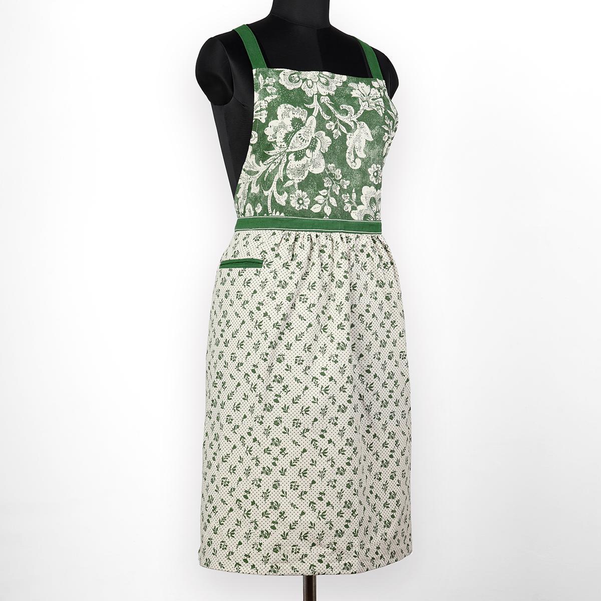 DOMINOTERIE - Green floral print apron, kitchen accessory, 100% cotton, size 27"X 35"