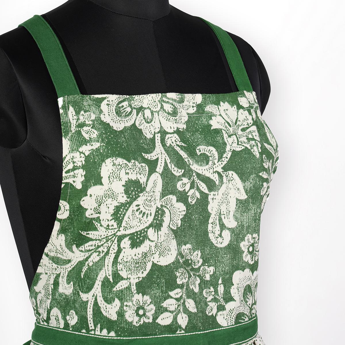 DOMINOTERIE - Green floral print apron, kitchen accessory, 100% cotton, size 27"X 35"
