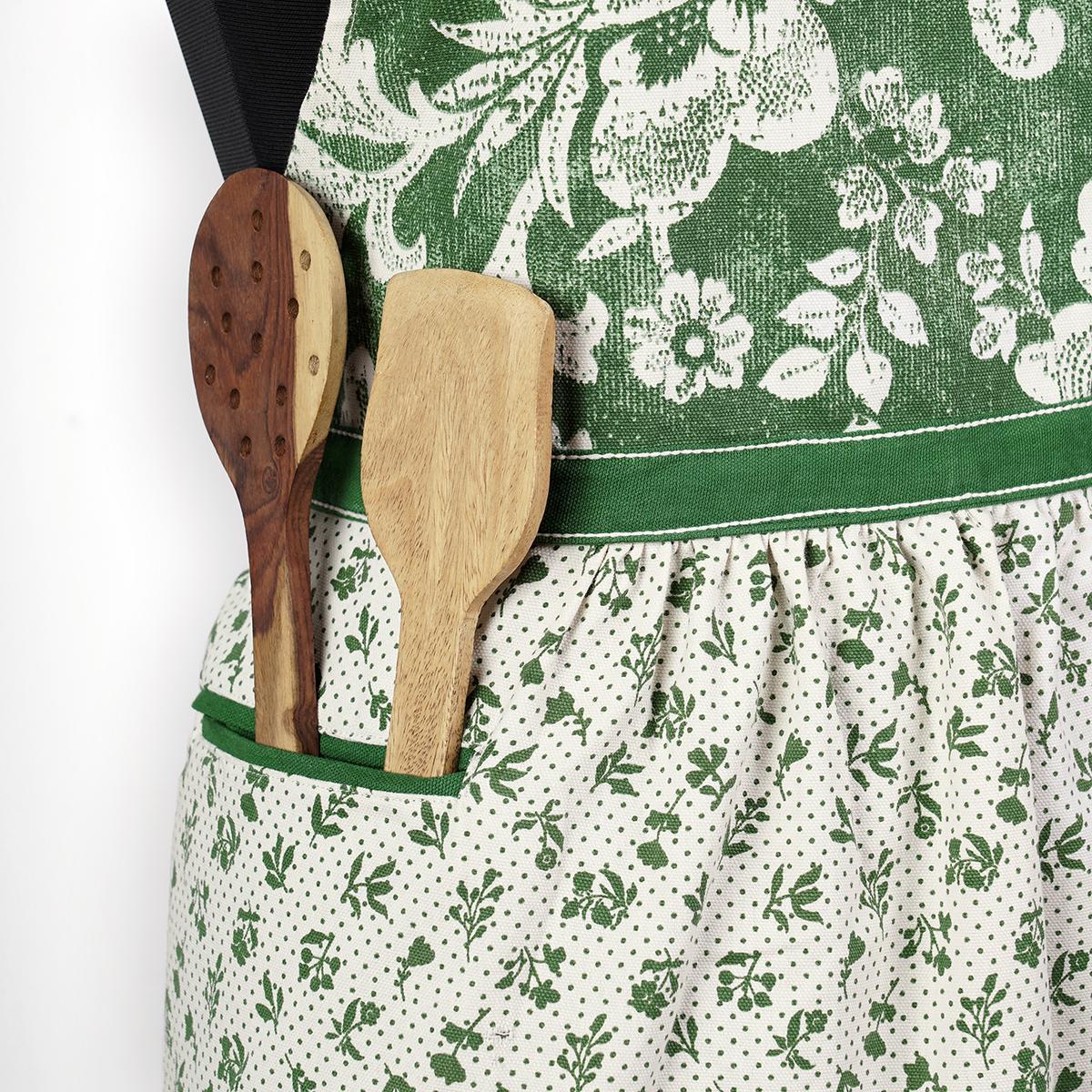 DOMINOTERIE - Green floral print apron, kitchen accessory, 100% cotton, size 27"X 35"