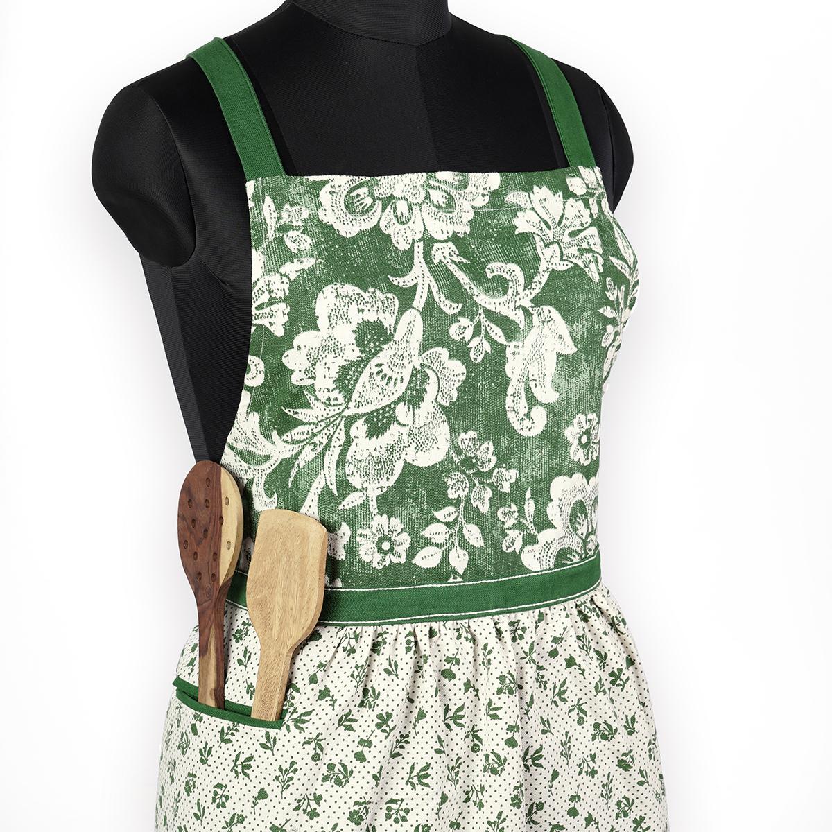 DOMINOTERIE - Green floral print apron, kitchen accessory, 100% cotton, size 27"X 35"