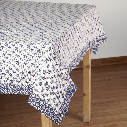 Indigo Dominoterie Small Floral Print Cotton Tablecloth with Geometric Border | Round, 4-Seater & 6-Seater
