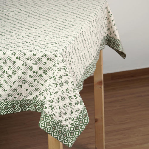 Green Dominoterie Small Floral Print Cotton Tablecloth with Geometric Border | Round, 4-Seater & 6-Seater