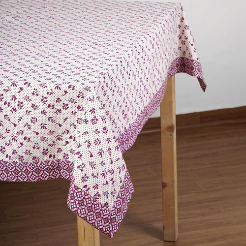 Plum Dominoterie Small Floral Print Cotton Tablecloth with Geometric Border | Round, 4-Seater & 6-Seater