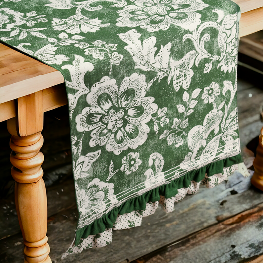 Green cotton table runner, bold floral block print with frill border, table decor, sizes available