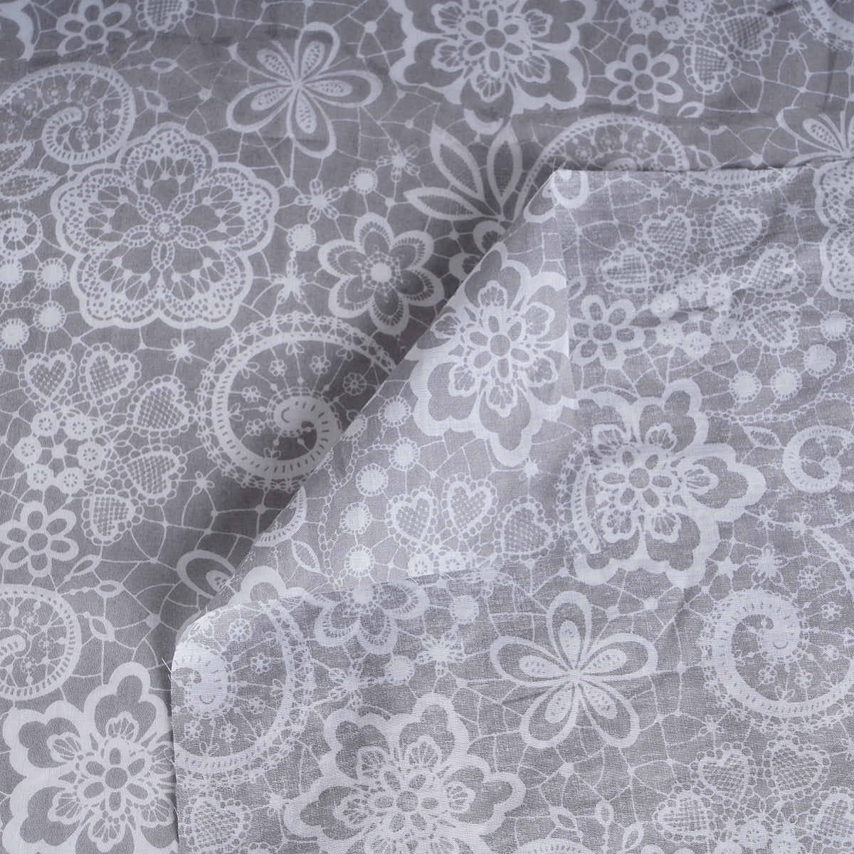Grey lace pattern printed sheer fabric