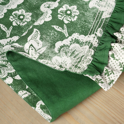 Green cotton table runner, bold floral block print with frill border, table decor, sizes available