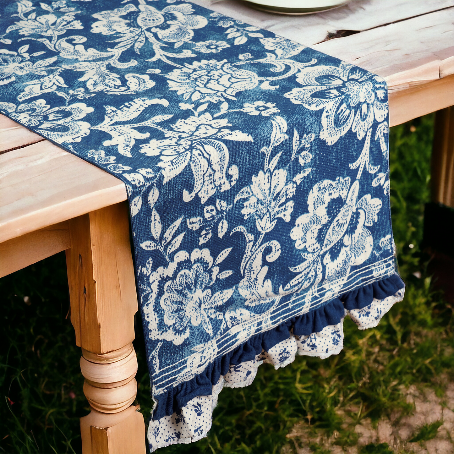 Indigo Blue cotton table runner, bold floral block print with frill border, table decor, sizes available