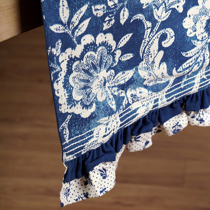 Indigo Blue cotton table runner, bold floral block print with frill border, table decor, sizes available
