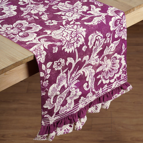 Maroon / Plum cotton table runner, bold floral block print with frill border, table decor, sizes available